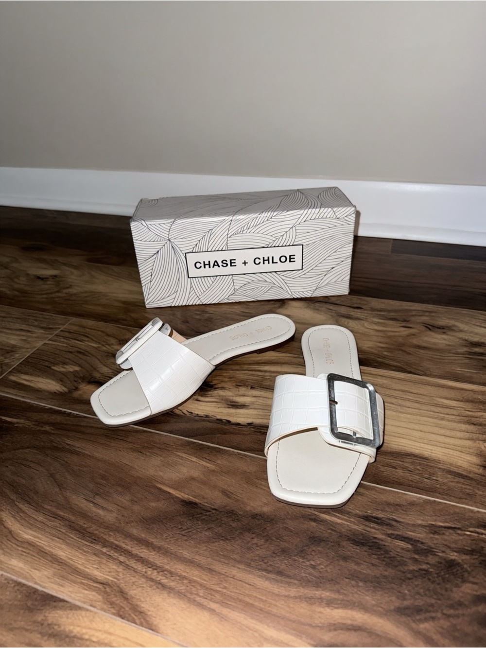 Chase + Chloe White Croc-Embossed Slide Sandals with Silver Buckle